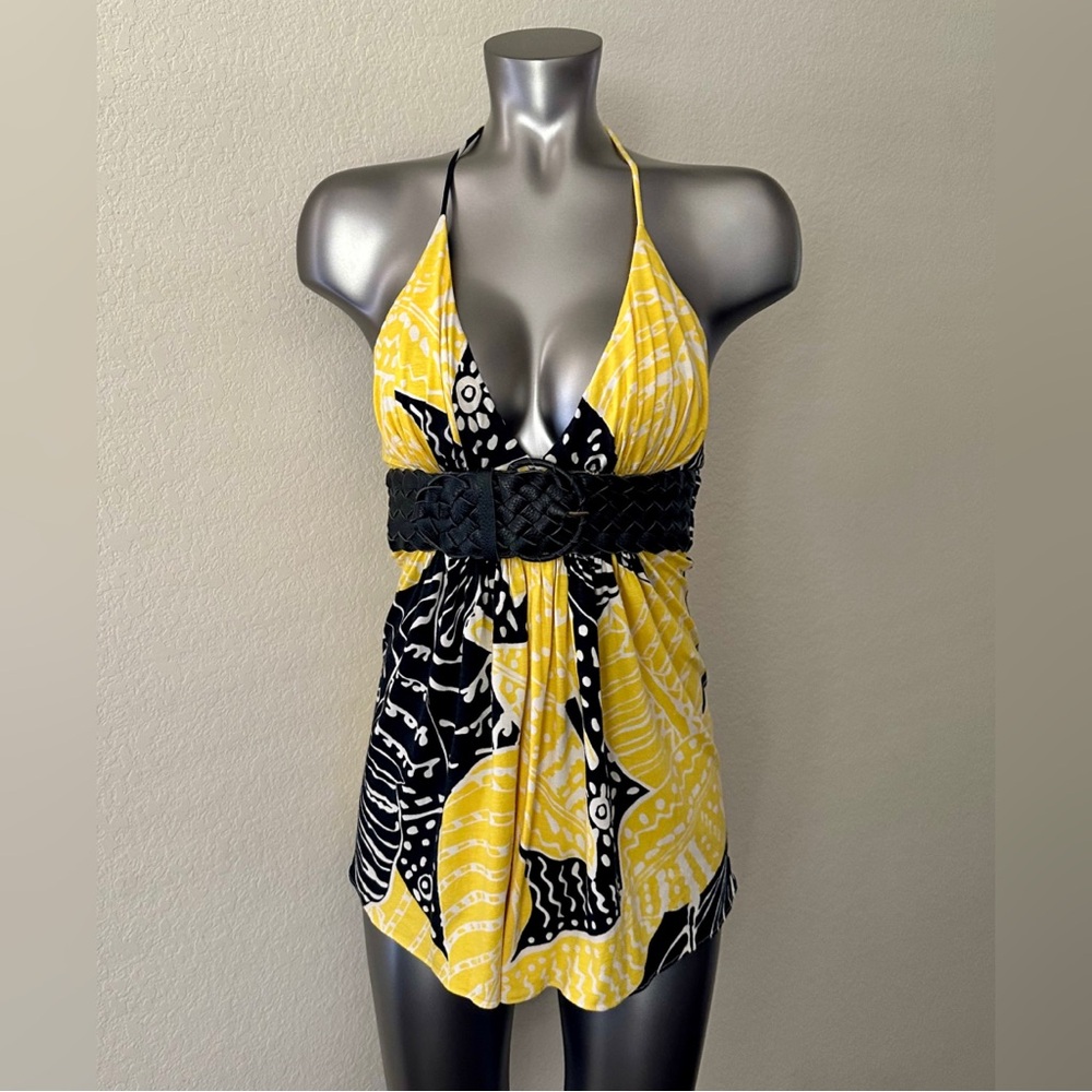 Blk & Yellow Palm Leaf Sky Halter